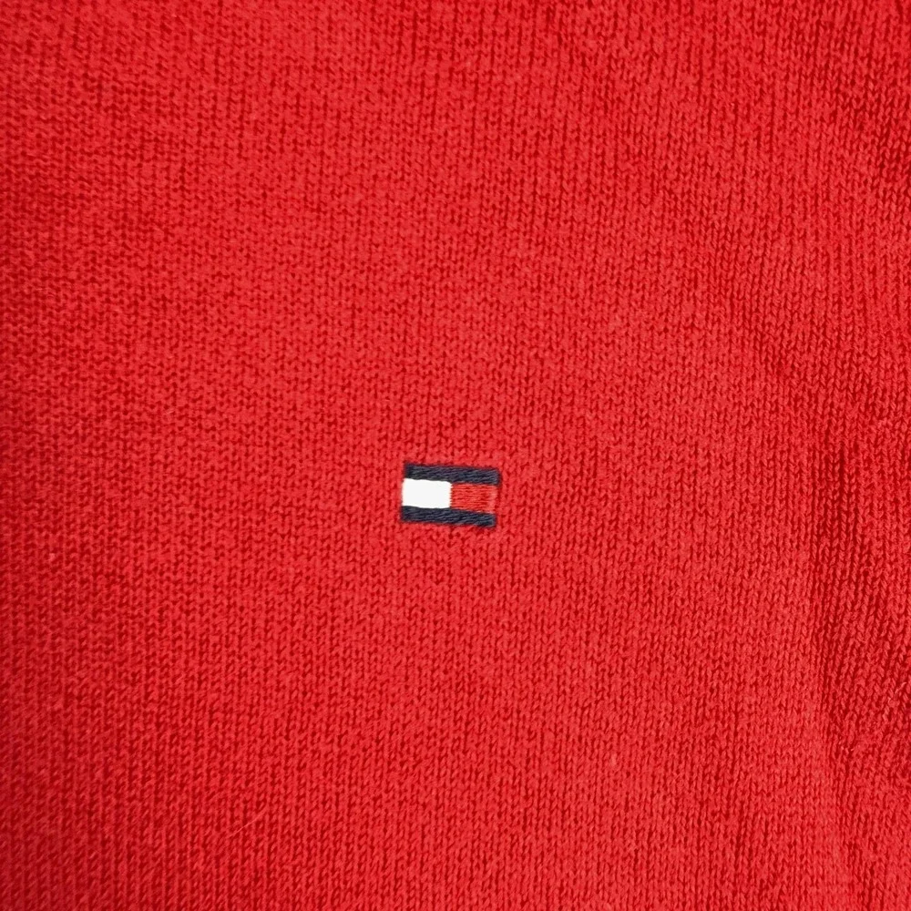 Tommy Hilfiger Sweater Mens Large Red V Neck Flag Logo Cotton Knit Pullover
